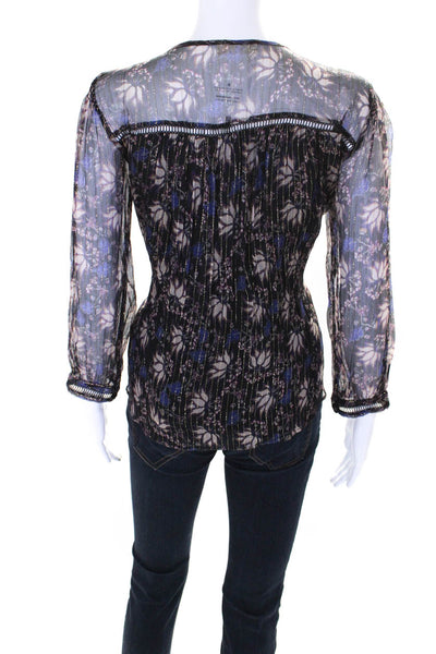 Ba&Sh Womens Floral Print Metallic Long Sleeve Round Neck Lined Top Black Size 2