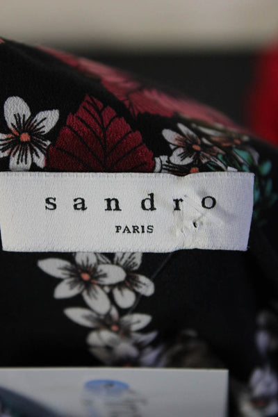 Sandro Paris Womens Floral Print Two Pocket Button Down Blouse Top Black Size 3