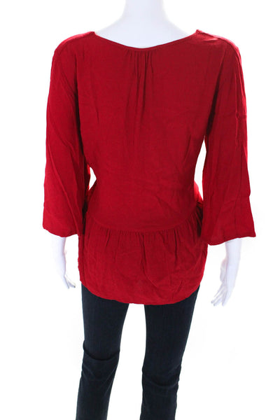 Ba&Sh Womens Crepe 3/4 Sleeve Ruffled Hem V-Neck Tunic Blouse Top Red Size 1