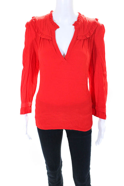 Ba&Sh Womens Crepe Long Sleeve Ruffled V-Neck Blouse Top Orange Size 3