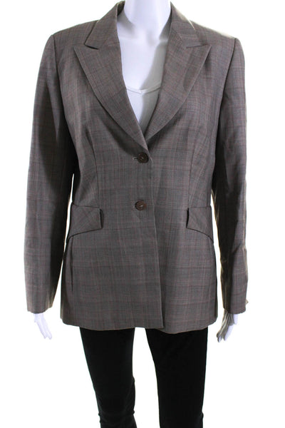 Escada Womens Brown Wool Plaid Two Button Long Sleeve Blazer Size 40