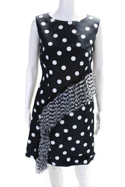 Lee Anderson Womens Back Zip Feather Trim Polka Dot Dress Navy White Size Small