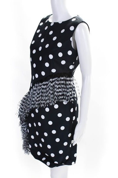 Lee Anderson Womens Back Zip Feather Trim Polka Dot Dress Navy White Size Small