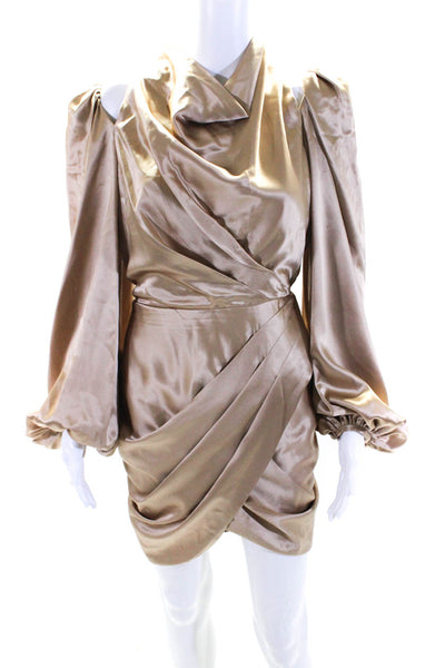 Acler Womens Puff Sleeve Draped Satin Cowl Neck Mini Sheath Dress Beige Size 4