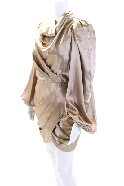 Acler Womens Puff Sleeve Draped Satin Cowl Neck Mini Sheath Dress Beige Size 4