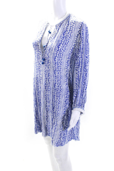 Poupette St. Barth Womens Floral V-Neck Fringed Long Sleeve Dress Blue Size M