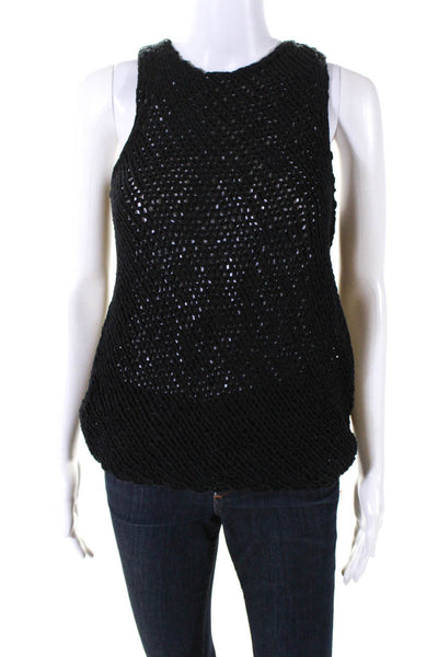 Vince Womens Open Crochet Sleeveless Unlined Crewneck Tank Top Black Size S