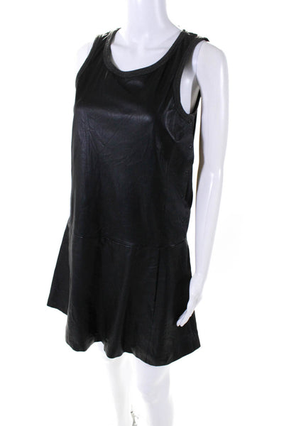 Theory Womens Leather Scoop Neck Sleeveless Lined Skater Dress Black Size 4