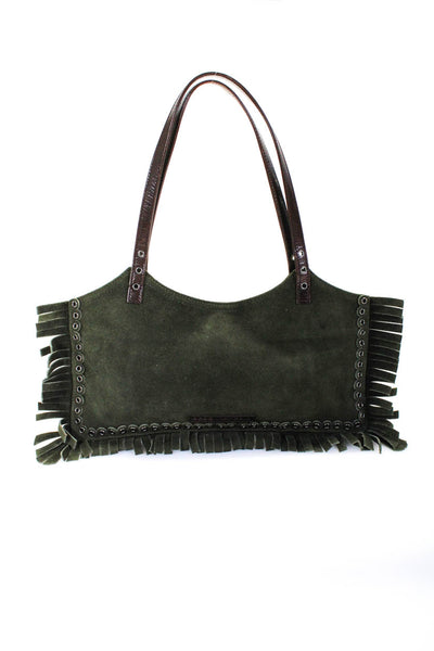 BCBGMAXAZRIA Suede Fringe Trim Double Strap Small Top Handle Handbag Olive Green