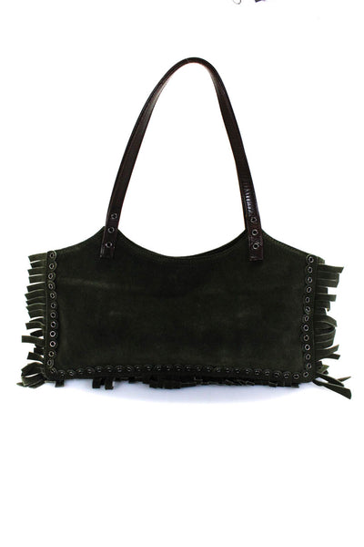 BCBGMAXAZRIA Suede Fringe Trim Double Strap Small Top Handle Handbag Olive Green