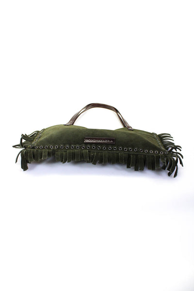 BCBGMAXAZRIA Suede Fringe Trim Double Strap Small Top Handle Handbag Olive Green