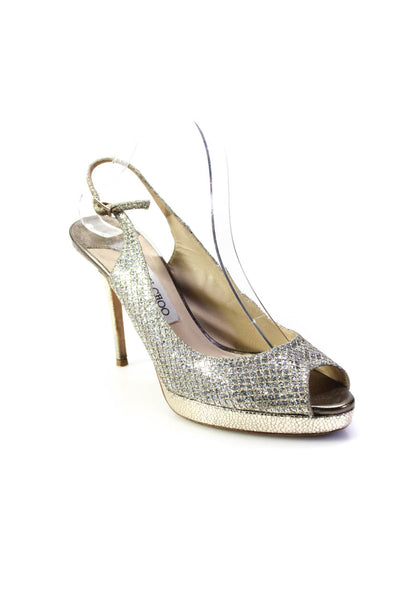 Jimmy Choo Womens 100mm Glitter Slingback Stiletto Pumps Champagne Size 39 9