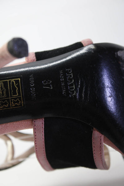 Prada Womens Stiletto Ankle Strap Sandals Black Pink Suede Size 37