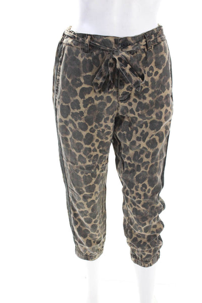 Pam & Gela Womens Belted Leopard Print Cropped Slim Leg Twill Pants Brown Medium