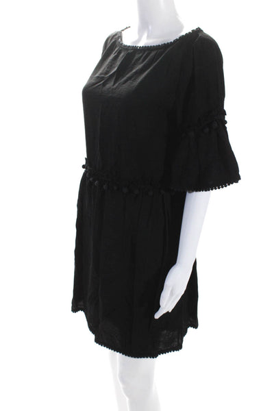 Club Monaco Womens Bell Sleeve Boat Neck Pom Pom A Line Dress Black Size Small