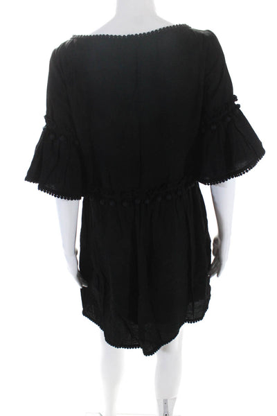 Club Monaco Womens Bell Sleeve Boat Neck Pom Pom A Line Dress Black Size Small