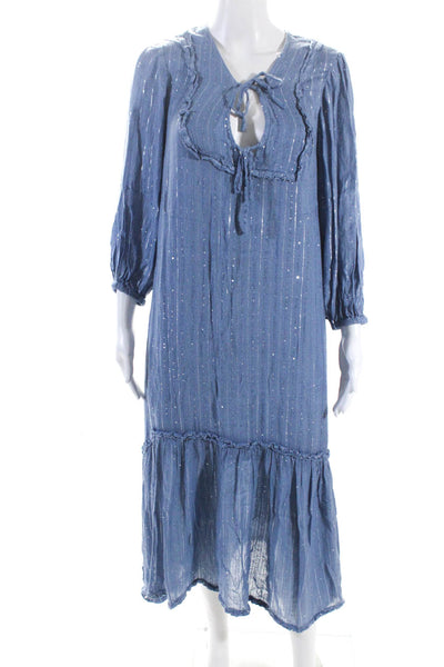 Sundress Womens Metallic Sequin Tie V Neck 3/4 Sleeve Midi Dress Blue Size XS/S