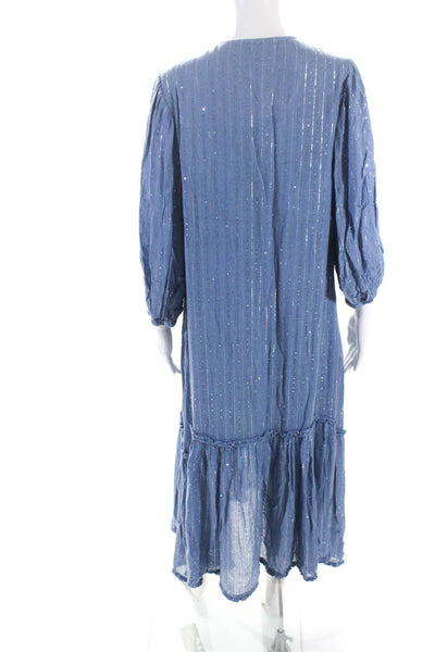 Sundress Womens Metallic Sequin Tie V Neck 3/4 Sleeve Midi Dress Blue Size XS/S