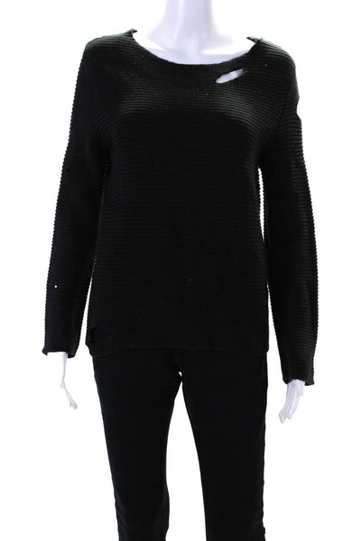 R+A Womens Distressed Crew Neck Pullover Sweater Black Cotton Size Small