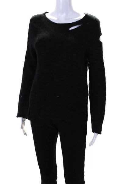 R+A Womens Distressed Crew Neck Pullover Sweater Black Cotton Size Small