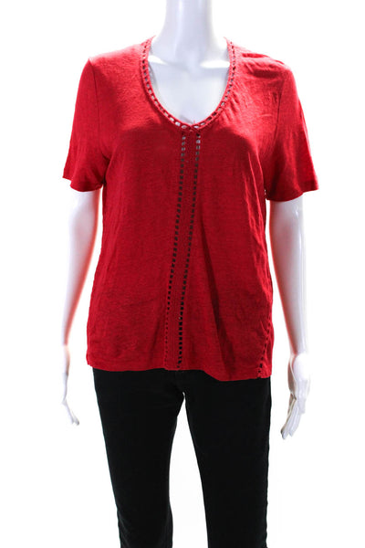 Maje  Womens Crochet Knit Trim V Neck Short Sleeves Tee Shirt Red Size 3