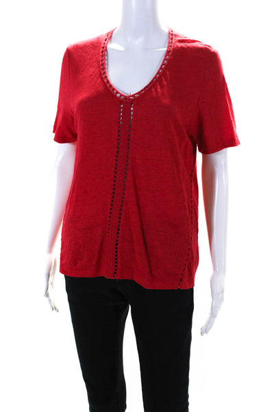 Maje  Womens Crochet Knit Trim V Neck Short Sleeves Tee Shirt Red Size 3