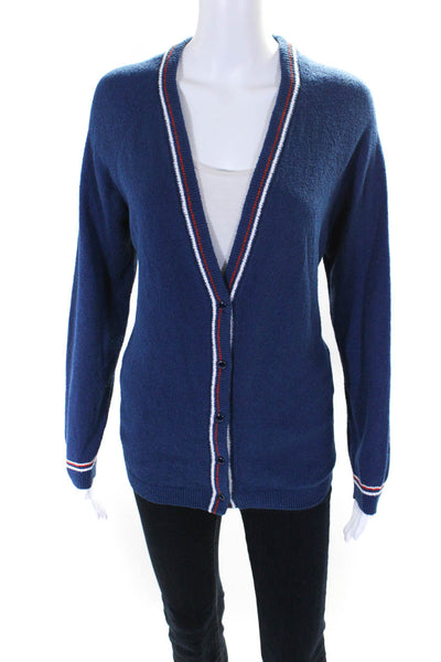 Vanessa Seward Womens Cotton Terry Striped Trim Button Up Cardigan Blue Size 40