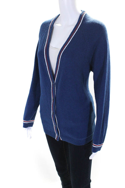 Vanessa Seward Womens Cotton Terry Striped Trim Button Up Cardigan Blue Size 40