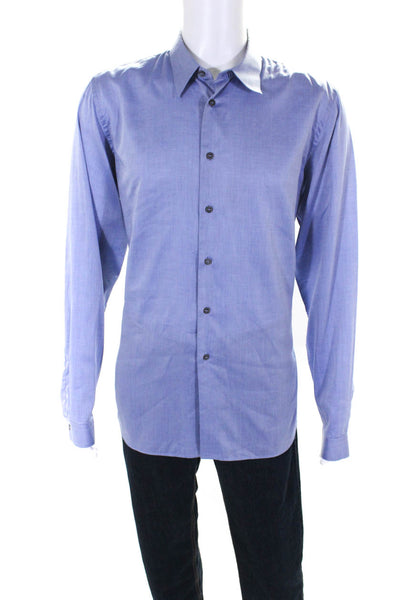 Prada Mens Long Sleeves Button Down Dress Shirt Blue Cotton Size 43 17