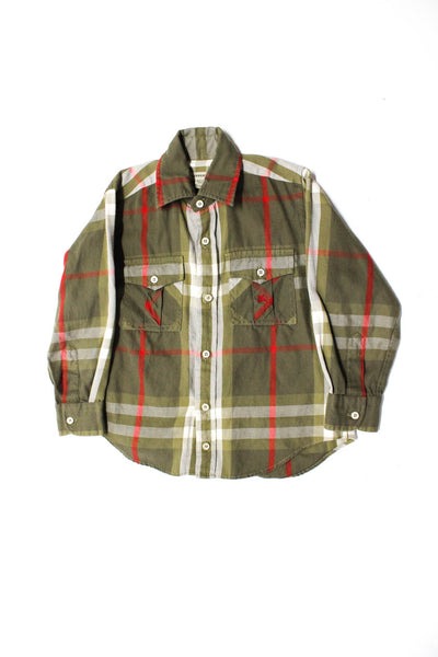 Burberry Childrens Boys Plaid Button Down Shirt Green Red Cotton Size 5