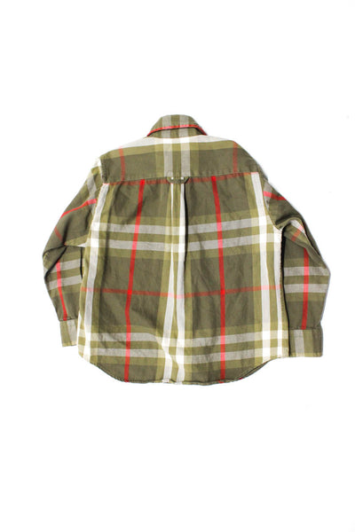 Burberry Childrens Boys Plaid Button Down Shirt Green Red Cotton Size 5