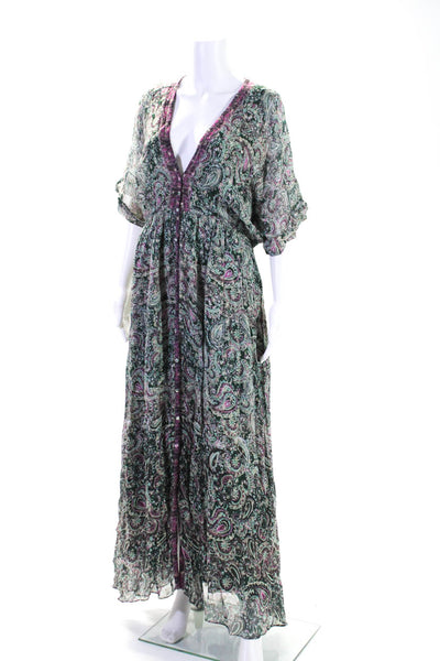 Rococo Sand Womens Metallic Paisley Print Short Sleeve Maxi Dress Green Size L