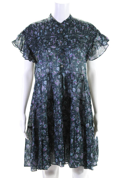 Isabel Marant Womens Cotton Floral Round Neck Short Sleeve Dress Blue Size 38