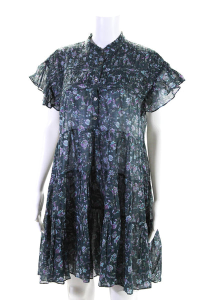 Isabel Marant Womens Cotton Floral Round Neck Short Sleeve Dress Blue Size 38