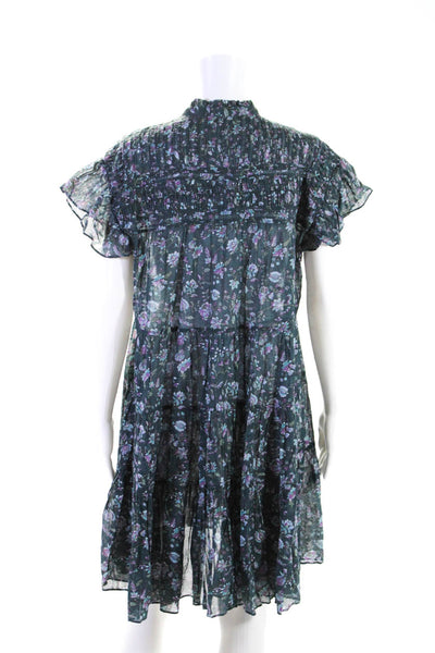 Isabel Marant Womens Cotton Floral Round Neck Short Sleeve Dress Blue Size 38