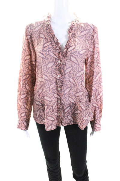 Cotelac Womens Abstract Print Button Down Ruffled Blouse Pink Grey Size 4