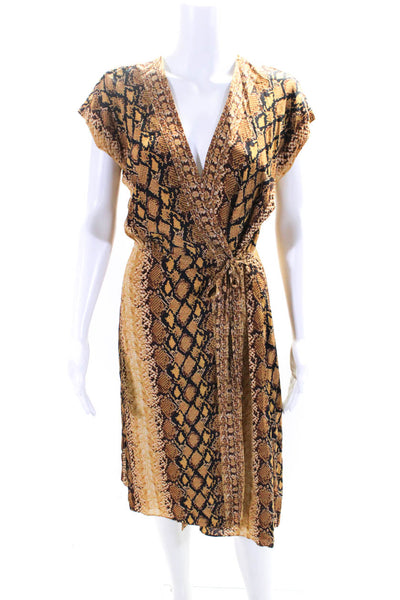 Joie Womens Animal Print V-Neck Tied Sleeveless Midi Wrapped Dress Yellow Size S