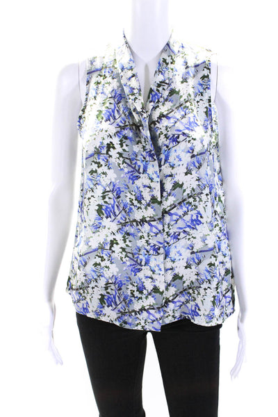 Jeunesse Womens Silk Floral Print V-Neck Buttoned Sleeve Tank Blouse Blue Size S