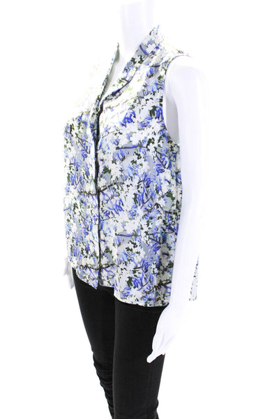 Jeunesse Womens Silk Floral Print V-Neck Buttoned Sleeve Tank Blouse Blue Size S