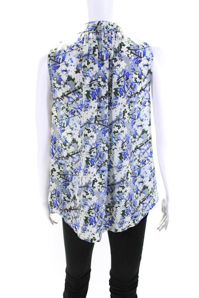 Jeunesse Womens Silk Floral Print V-Neck Buttoned Sleeve Tank Blouse Blue Size S