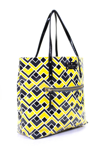 Kate Spade Womens Leather Open Geometric Print Front Zipped Tote Handbag Yellow