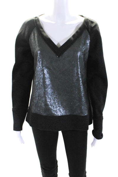 Donna Karan Womens Sequin V-Neck Long Sleeve Pullover Sweatshirt Top Gray Size S