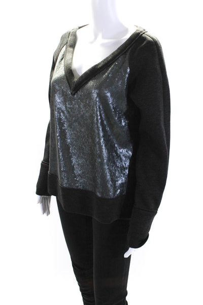 Donna Karan Womens Sequin V-Neck Long Sleeve Pullover Sweatshirt Top Gray Size S