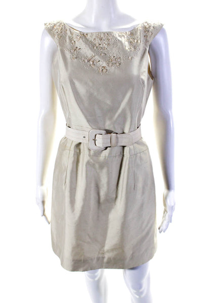 Carolina Herrera Womens Back Zip Beaded Belted Dress Beige Cotton Size 4