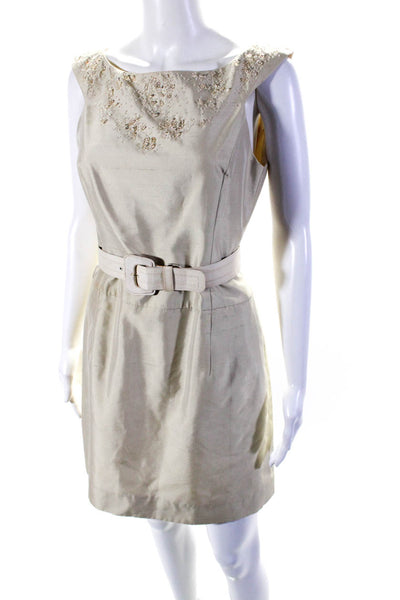 Carolina Herrera Womens Back Zip Beaded Belted Dress Beige Cotton Size 4