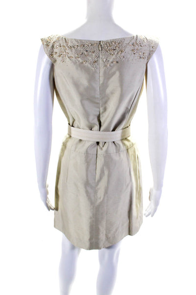 Carolina Herrera Womens Back Zip Beaded Belted Dress Beige Cotton Size 4