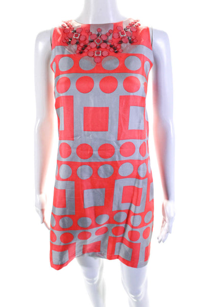 Milly Womens Back Zip Sleeveless Crew Neck Abstract Silk Dress Gray Pink Size 6