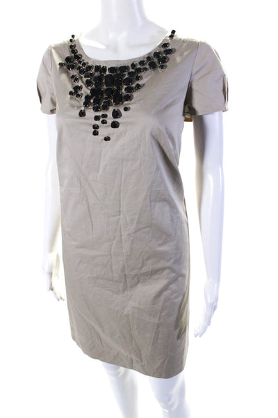 J Crew Womens Back Zip Short Sleeve Crystal Shift Dress Brown Cotton Size 6