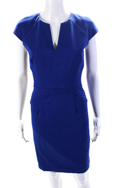 Black Halo Womens V-Neck Back Zipped Cap Sleeve Midi Sheath Dress Blue Size 2