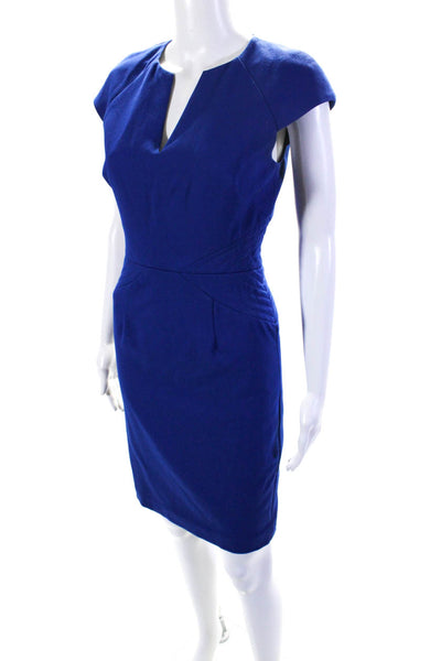 Black Halo Womens V-Neck Back Zipped Cap Sleeve Midi Sheath Dress Blue Size 2